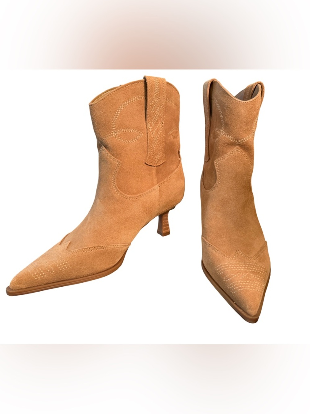Sam Edelman NWT Sz 6 Tan Suede Pointed-Toe Kitten Heel Western Ankle Boots SH340 - Picture 6 of 11